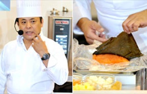 食文化研究会コアメンバーの「神戸北野ホテル」総支配人・総料理長　山口浩さんがスチコンを使って料理の実演を行いました