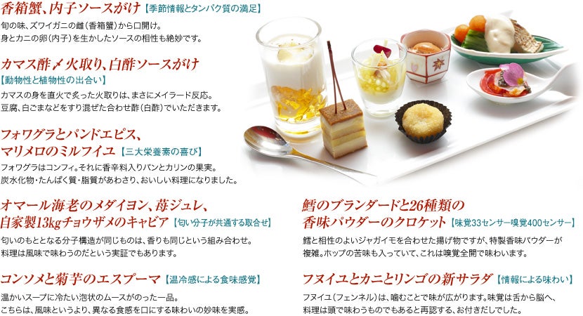 香箱蟹、内子ソースがけ【季節情報とタンパク質の満足】／カマス酢〆火取り、白酢ソースがけ【動物性と植物性の出合い】／フォワグラとパンドエピス、マリメロのミルフイユ【三大栄養素の喜び】／オマール海老のメダイヨン、苺ジュレ、自家製13㎏チョウザメのキャビア【匂い分子が共通する取合せ】／コンソメと菊芋のエスプーマ【温冷感による食味感覚】／鱈のブランダードと26種類の香味パウダーのクロケット【味覚33センサー嗅覚400センサー】／フヌイユとカニとリンゴの新サラダ 【情報による味わい】